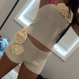 Cream Crochet women short set with Floral Accents